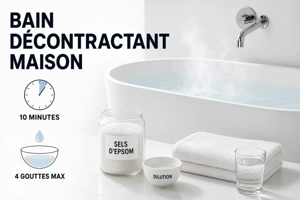 Bain décontractant musculaire maison avec eau chaude, sels d’Epsom et huiles essentielles diluées, vue éditoriale des étapes clés.
