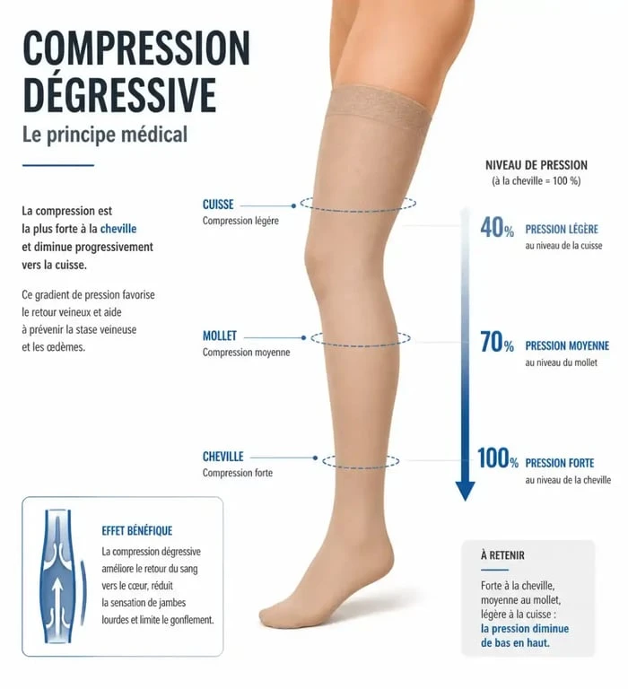 Schéma du mécanisme de compression dégressive des bas de contention après opération