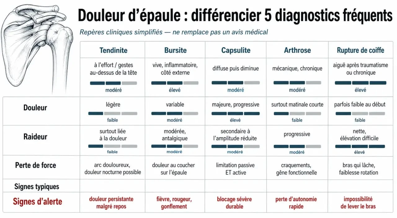 Comparatif tendinite épaule bras, bursite, capsulite, arthrose et rupture de coiffe