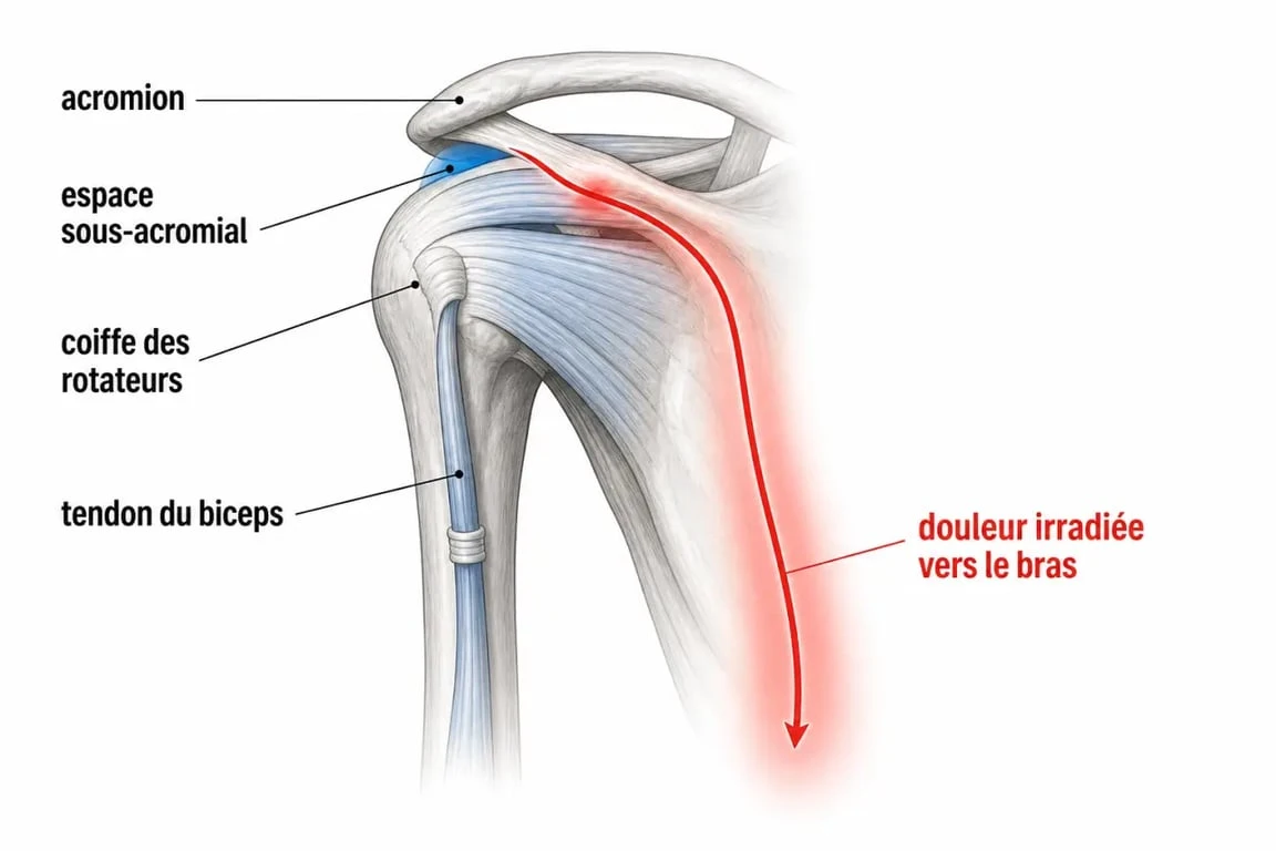 Schéma de la tendinite épaule bras avec coiffe des rotateurs et douleur irradiant dans le bras