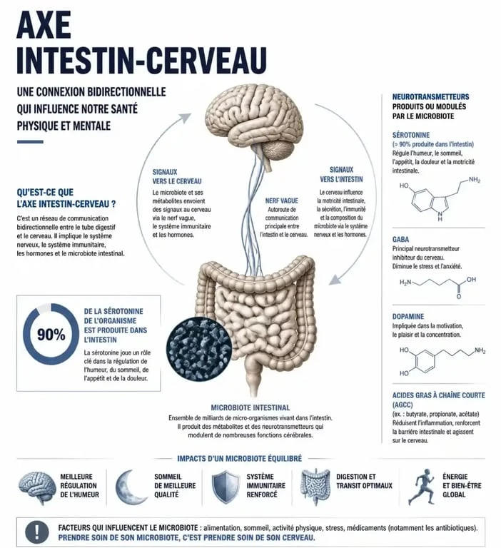 Schéma explicatif de l'axe intestin-cerveau pour une consultation chez un médecin micronutrition
