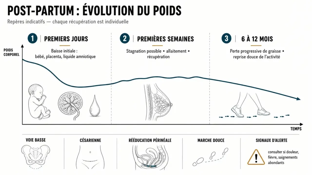 Perdre du poid apres grossesse : frise des kilos perdus après l’accouchement et repères de reprise progressive