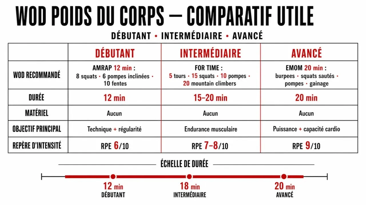 WOD poids du corps : comparatif par niveau, durée, matériel nécessaire et objectif principal