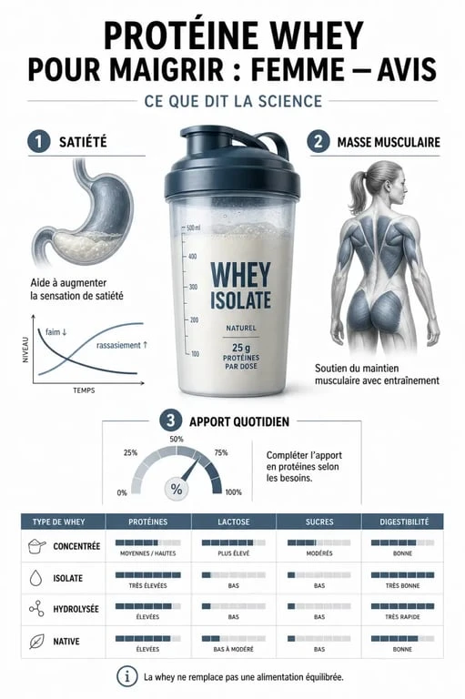 Infographie protéine whey pour maigrir femme avis sur la satiété, la masse musculaire et le choix entre whey concentrée et isolate