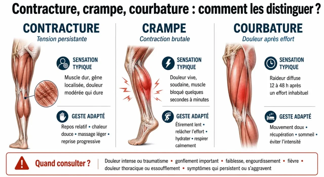 huile essentielle contracture musculaire : différences entre contracture, crampe et courbature