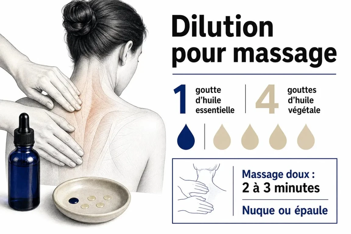 huile essentielle contracture musculaire : schéma de massage et dilution avant application