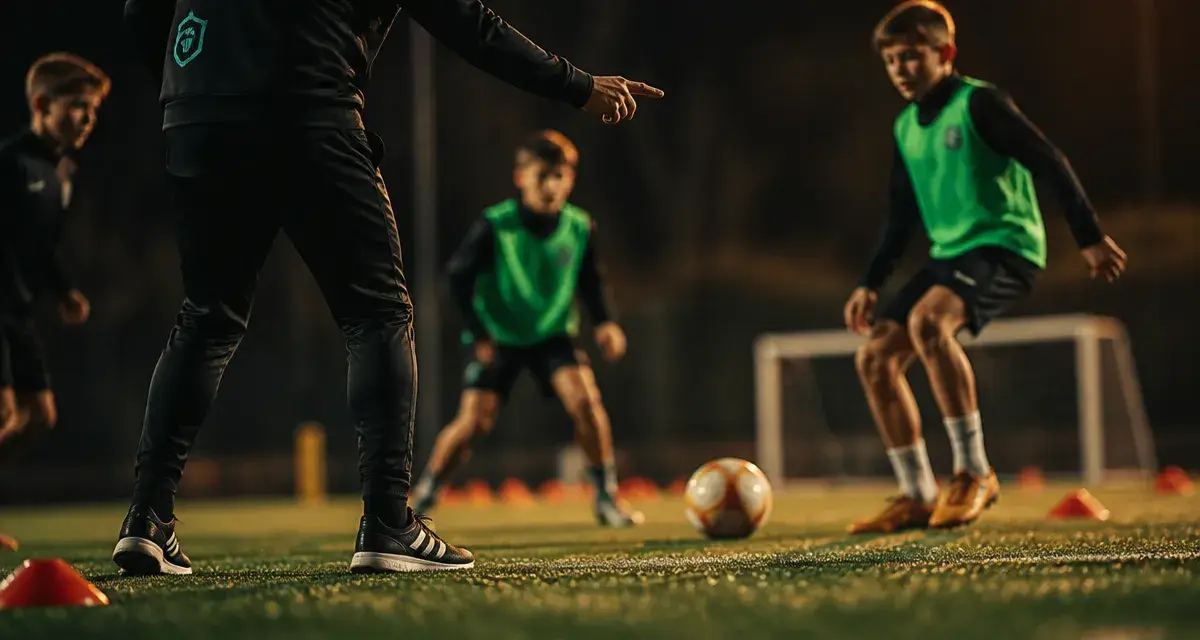 Exercice foot : rondo 4v2 avec éducateur au terrain