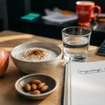 Grignotage sain : pomme, fromage blanc et amandes, portions justes