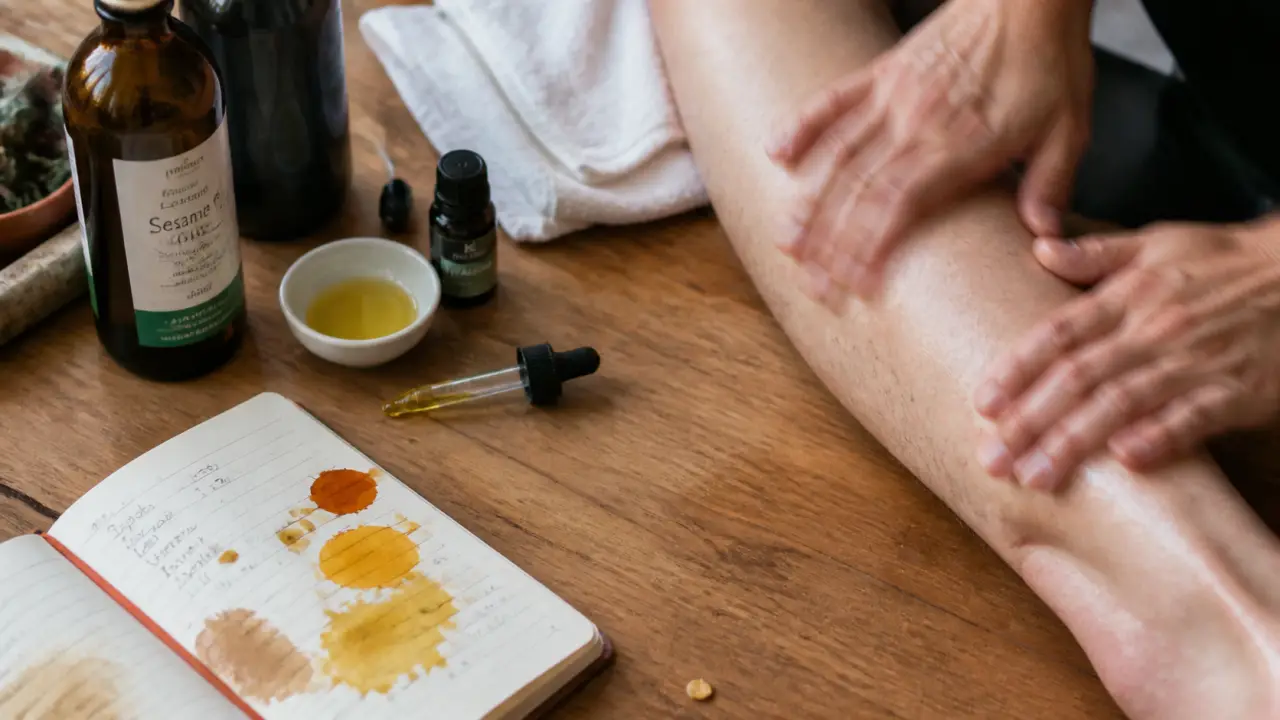 Huile essentielle contracture musculaire : flacon, pipette et application sur le mollet