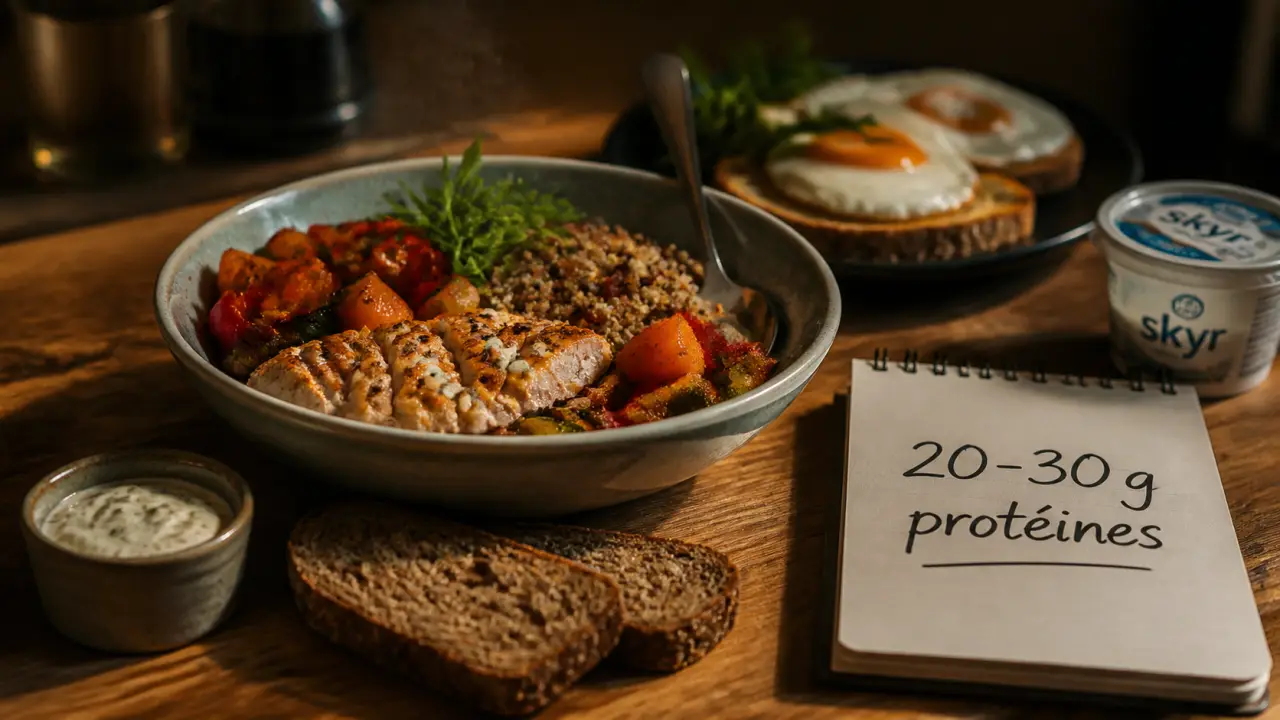 Protéine repas 20–30 g : bowl poulet-quinoa, skyr, œufs