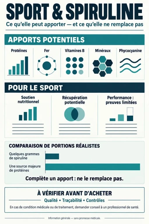 Infographie sur le sport et la spiruline, ses apports nutritionnels et ses limites