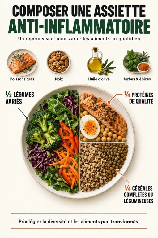 Menu anti inflammatoire : assiette équilibrée avec légumes, légumineuses, céréales complètes et bonnes graisses
