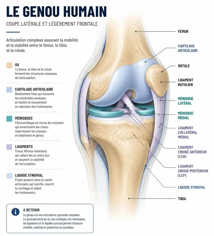 Schéma anatomique du genou qui craque et douleur avec rotule, ménisques, ligaments et cartilage