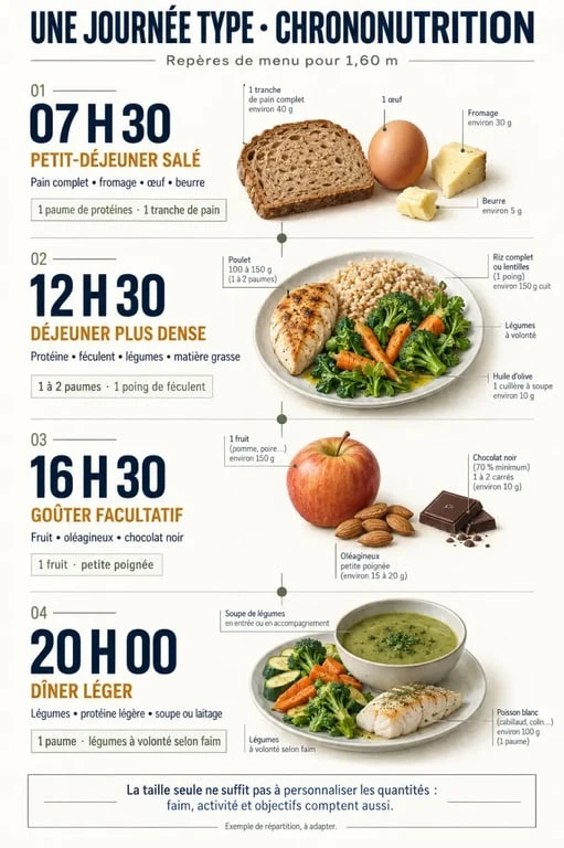 Menu chrononutrition 1m60 avec les quatre repas et les repères de portions sur une journée