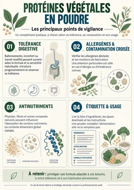 Infographie sur le danger de la protéine végétale en poudre et les principaux points de vigilance