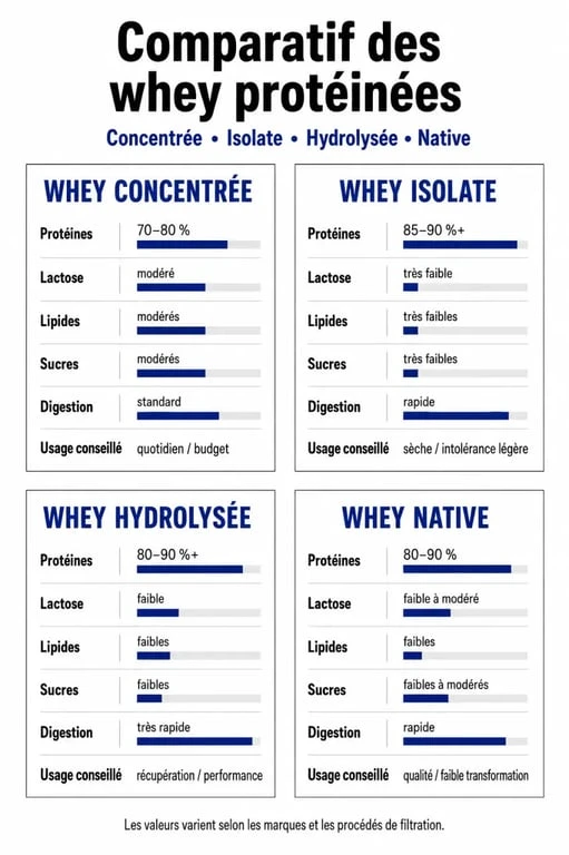 Qu'est ce que la whey : comparatif visuel des types concentrée, isolate, hydrolysée et native