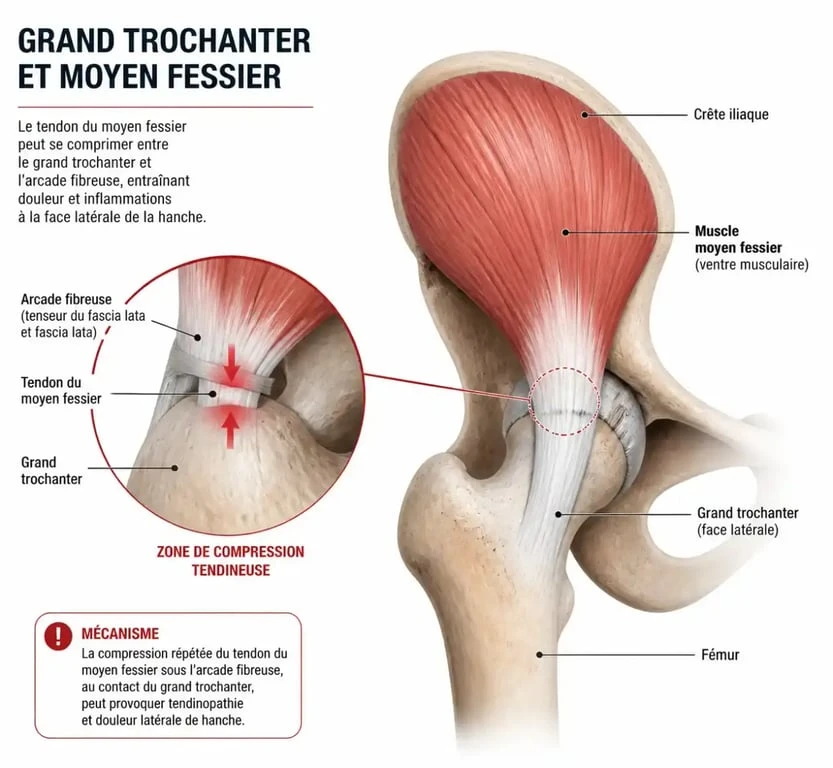 Schéma anatomique de la hanche pour comprendre la tendinite du moyen fessier et la zone de compression