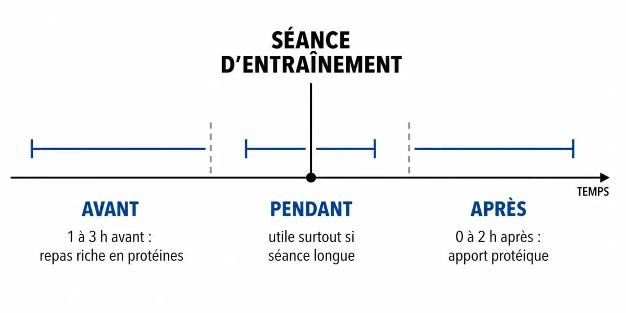 Schéma du timing idéal pour prendre des protéines avant, pendant et après l'entraînement