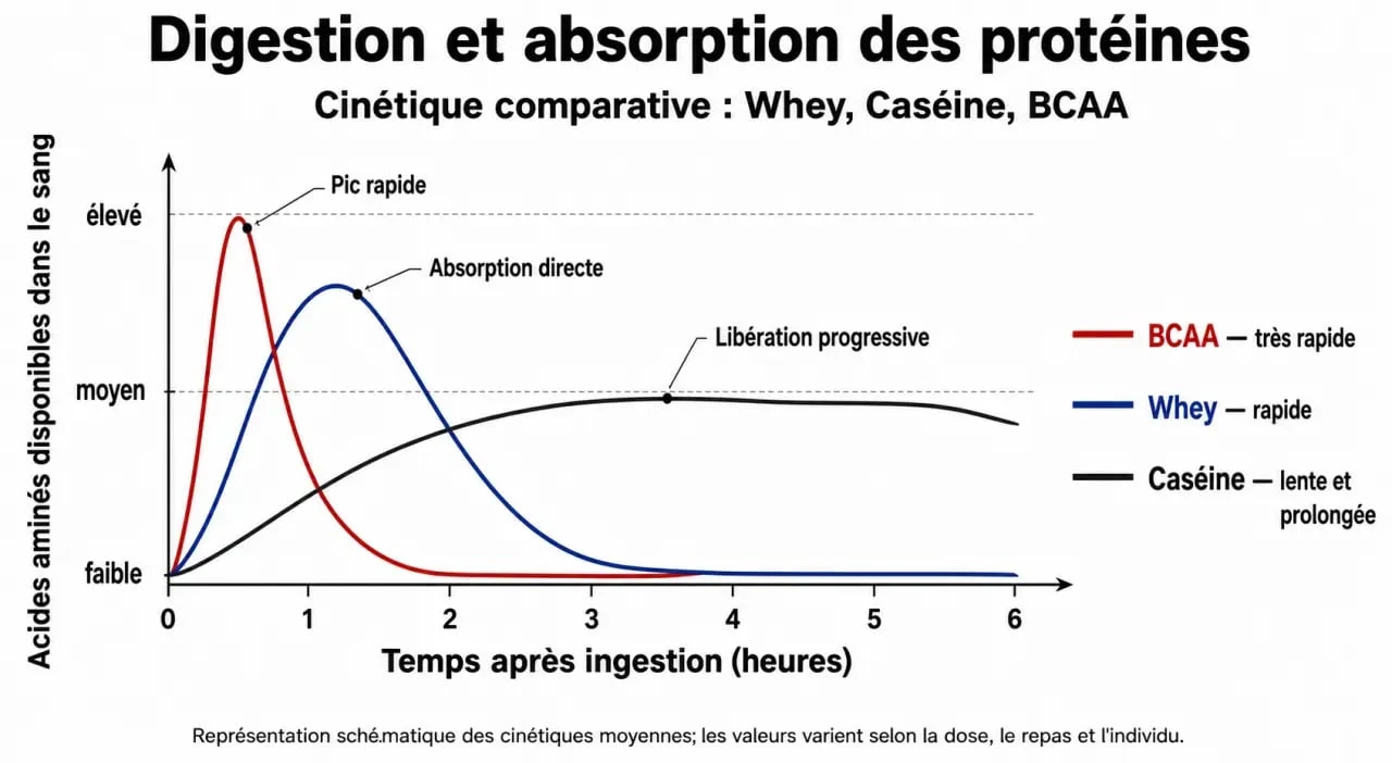 Infographie sur la vitesse d'absorption des protéines whey, caséine et BCAA pour optimiser le timing de prise