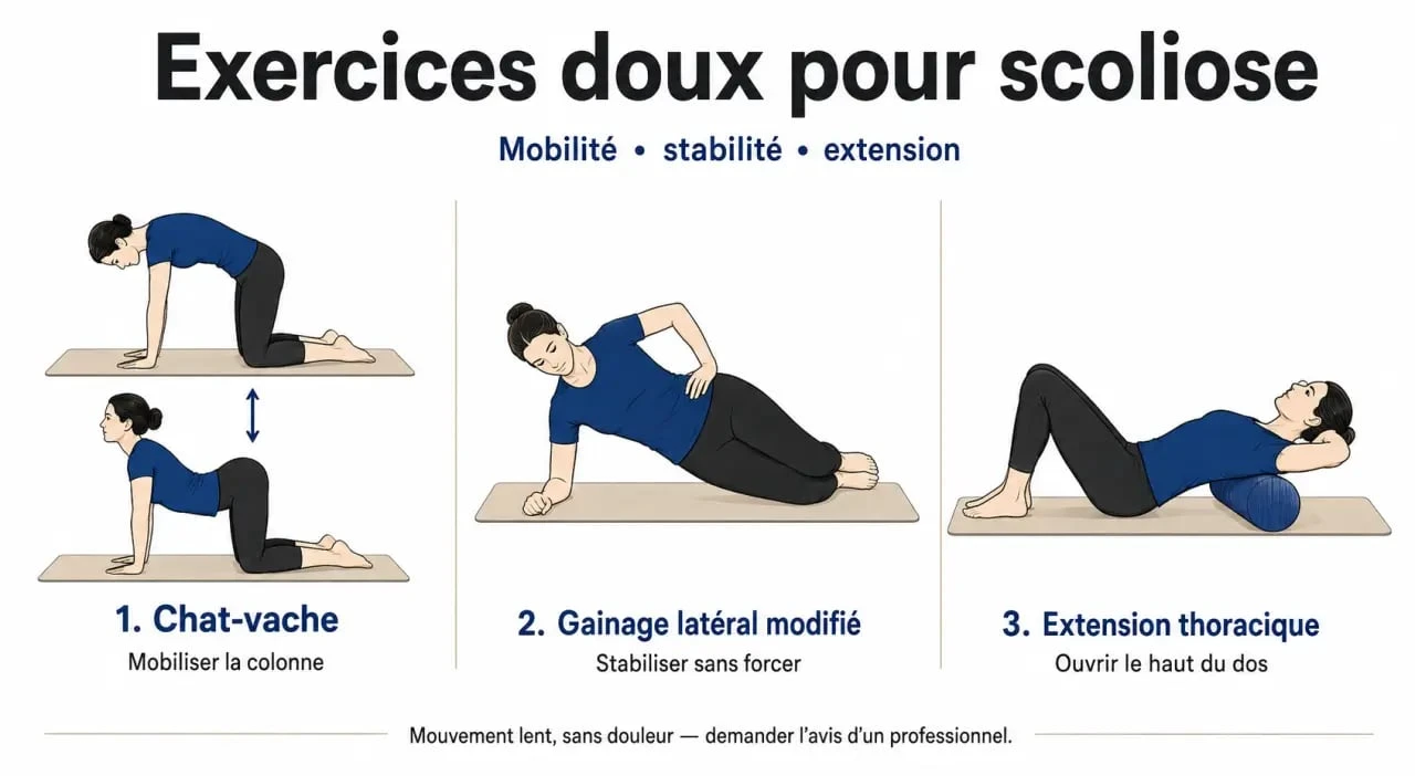 Exercice pour scoliose avec chat-vache, gainage latéral modifié et extension thoracique