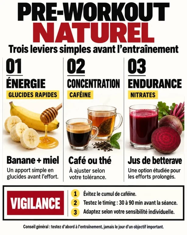 Infographie sur le pre workout naturel selon l’objectif sportif et le niveau de caféine