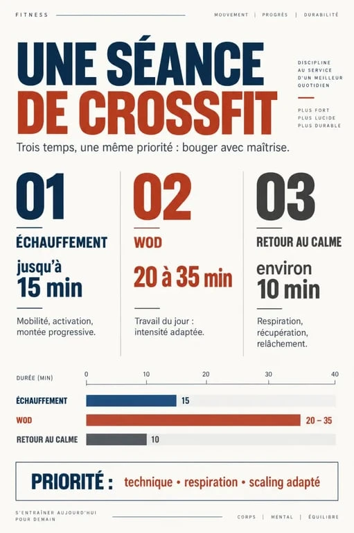 Séance de CrossFit structurée en échauffement, WOD et retour au calme