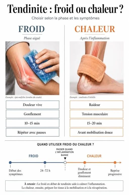 Tendinite mettre du chaud ou du froid : comparatif visuel entre froid au début et chaleur ensuite