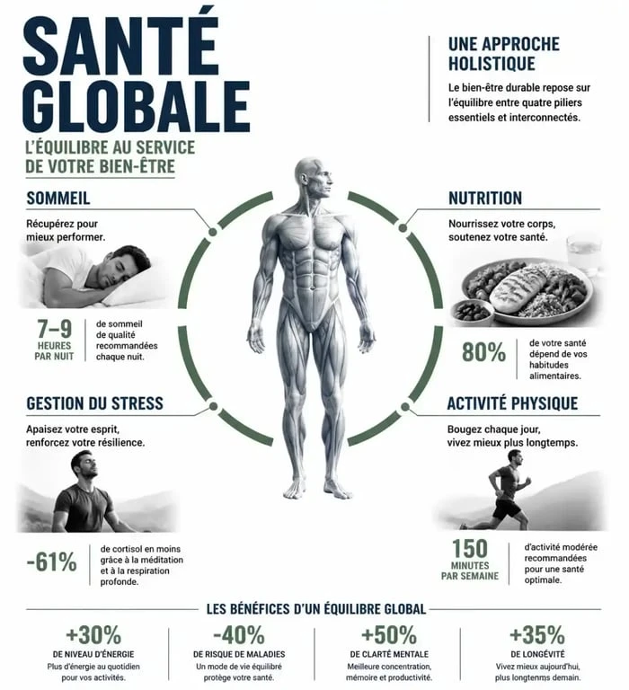 Schéma conceptuel de la nutrition holistique intégrant le corps, l'esprit et les émotions pour un nutritionniste holistique