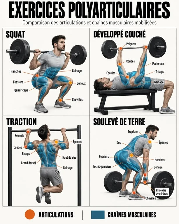 Exos polyarticulaires : articulations et groupes musculaires mobilisés par le squat, le développé couché, les tractions et le soulevé de terre