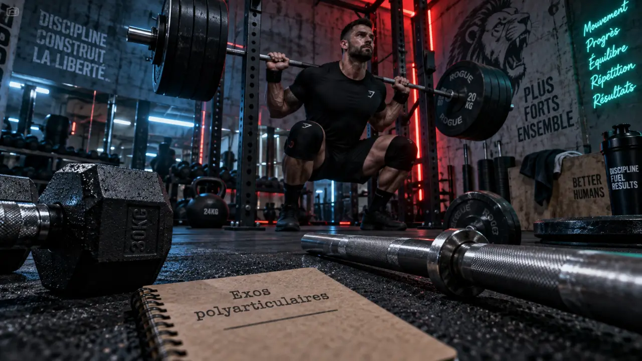 Exos polyarticulaires : athlète fait un squat en salle de musculation