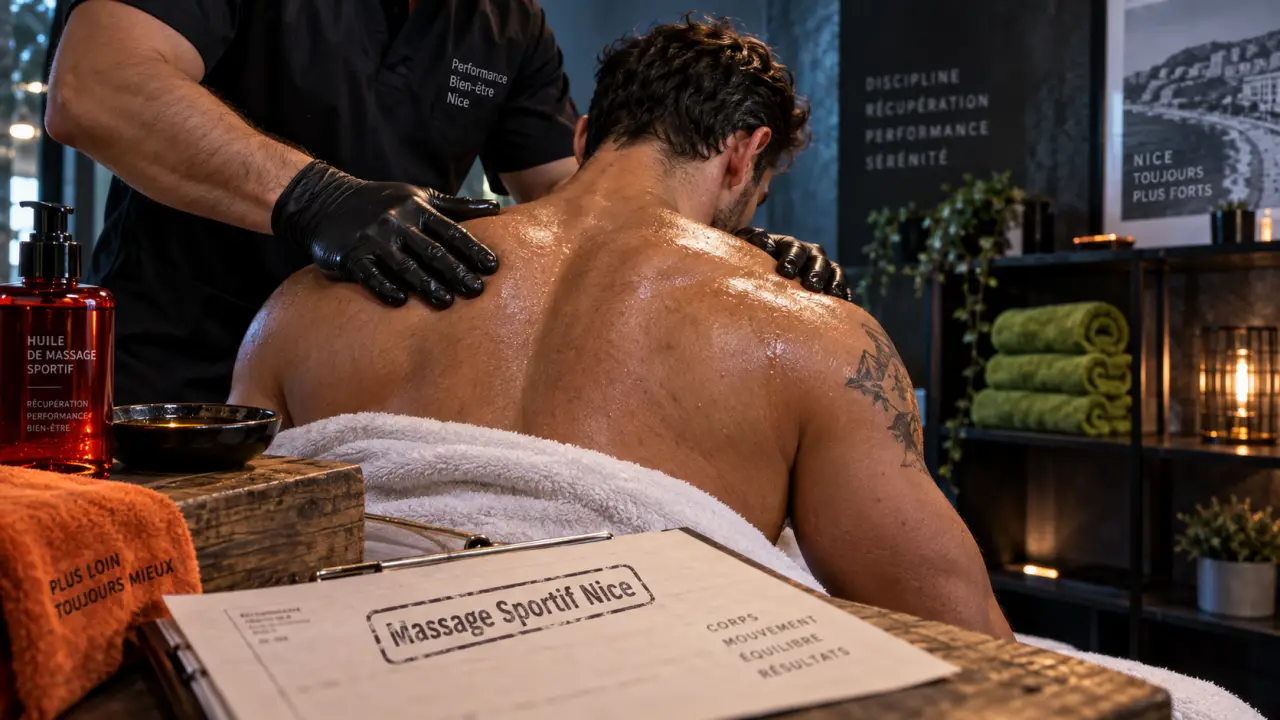 Massage sportif Nice sport massage : praticien applique l’huile sur l’épaule, client assis
