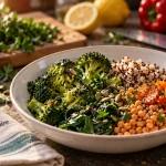 Menu anti inflammatoire : assiette légumes, quinoa et lentilles, herbes fraîches