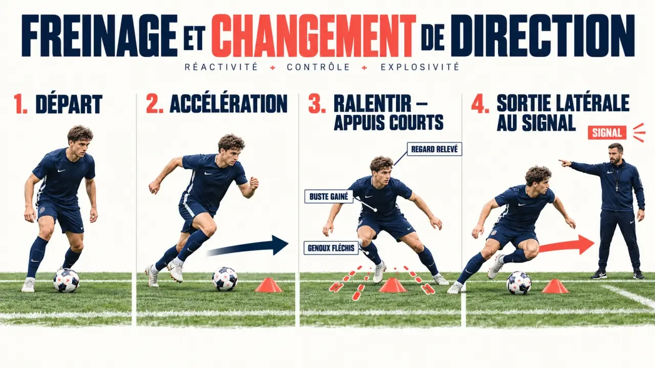 Exercice physique football de freinage et changement de direction avec coupelles