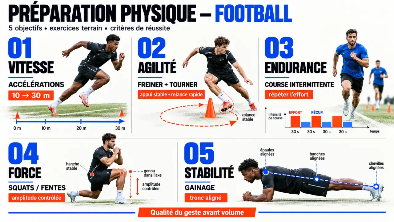 Infographie des exercices physiques football selon l’objectif : vitesse, agilité, endurance et renforcement