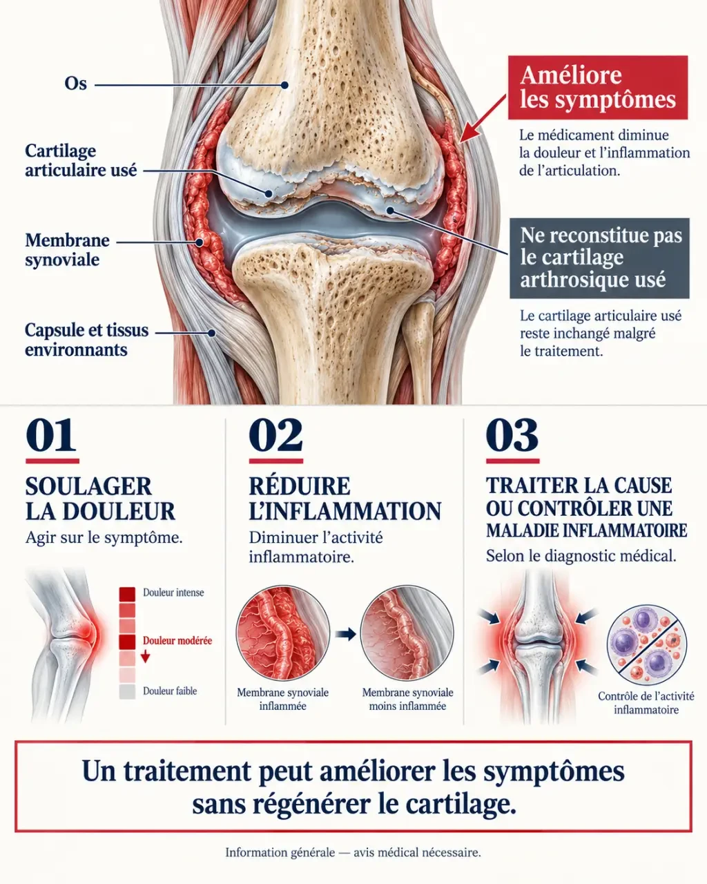 Médicament pour les articulations et le cartilage : schéma des traitements, de la douleur et de l'inflammation