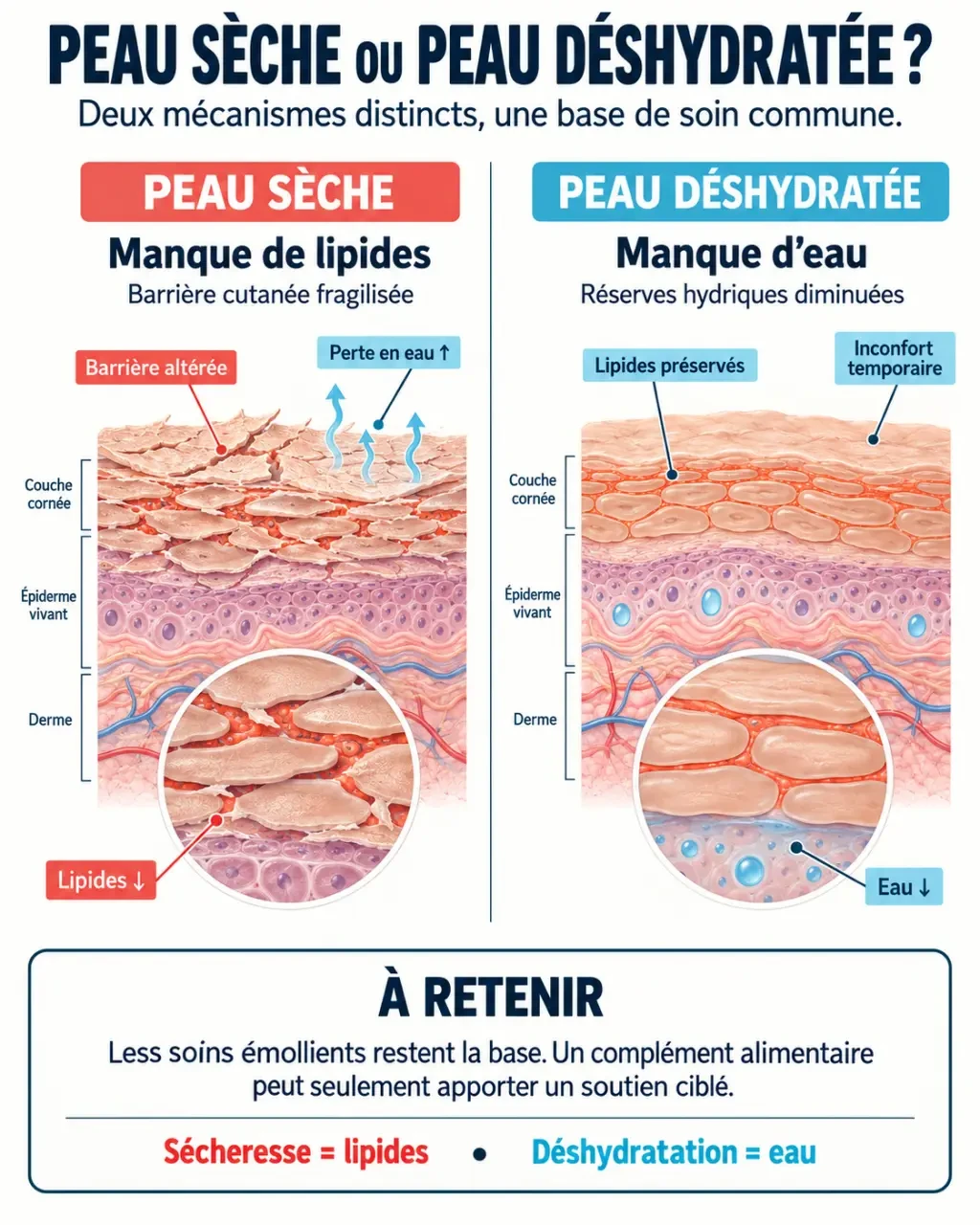 Infographie sur le complément alimentaire pour peau sèche et la différence entre peau sèche et peau déshydratée