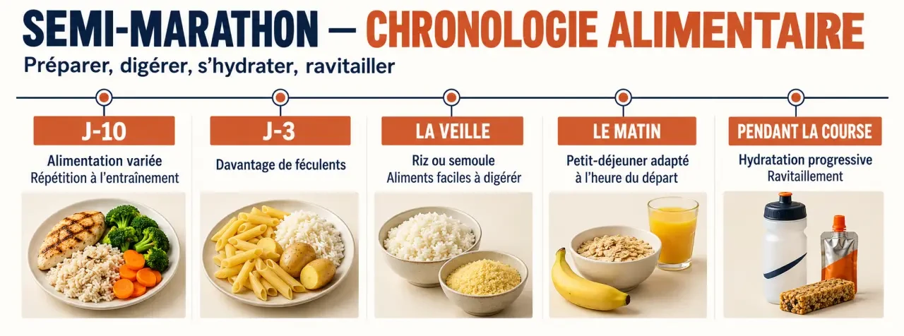 Que manger avant un semi-marathon : chronologie des repas, féculents, hydratation et petit-déjeuner