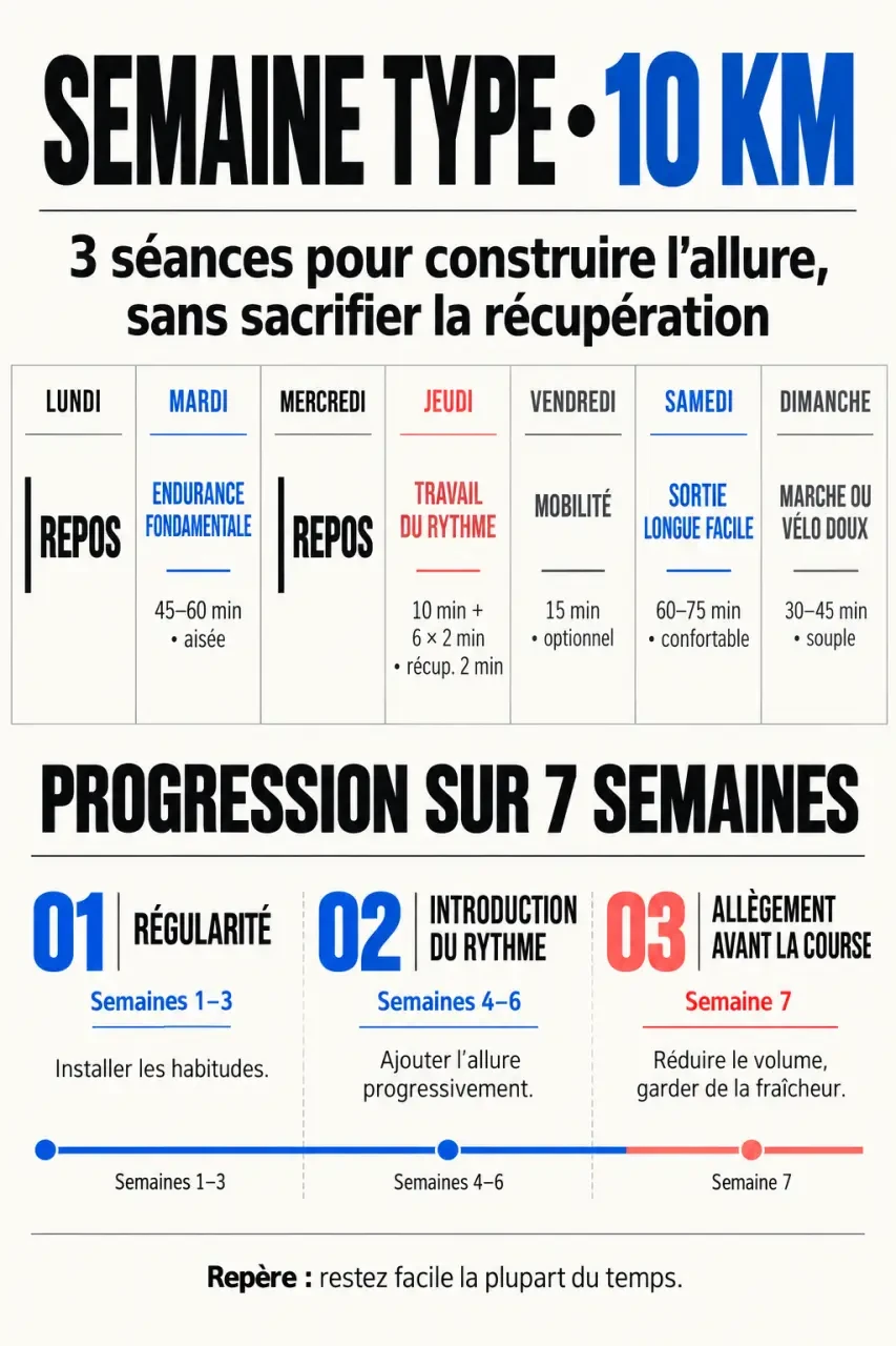 Infographie d’entraînement au 10 km avec semaine type et progression des séances