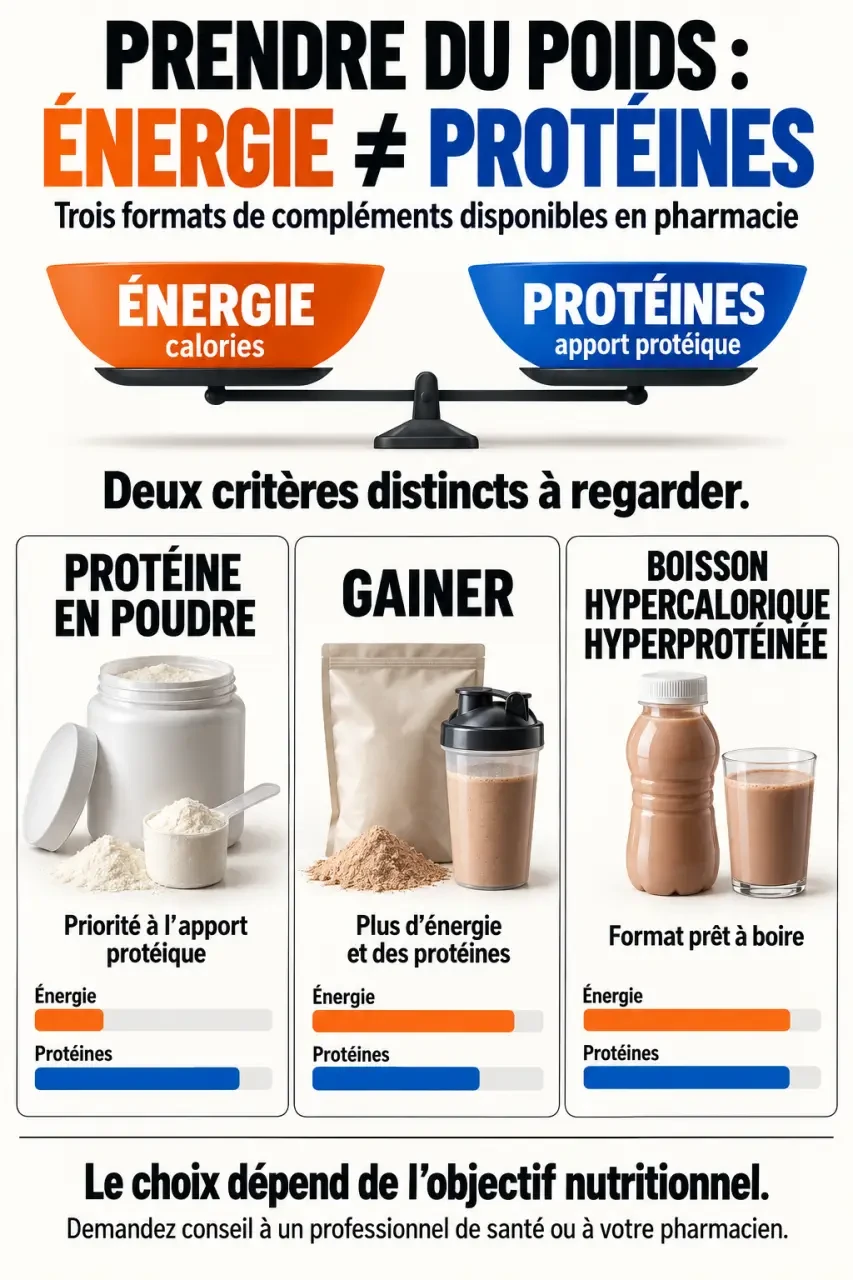 Protéine pour grossir en pharmacie : différence entre protéines, gainers et boissons hypercaloriques