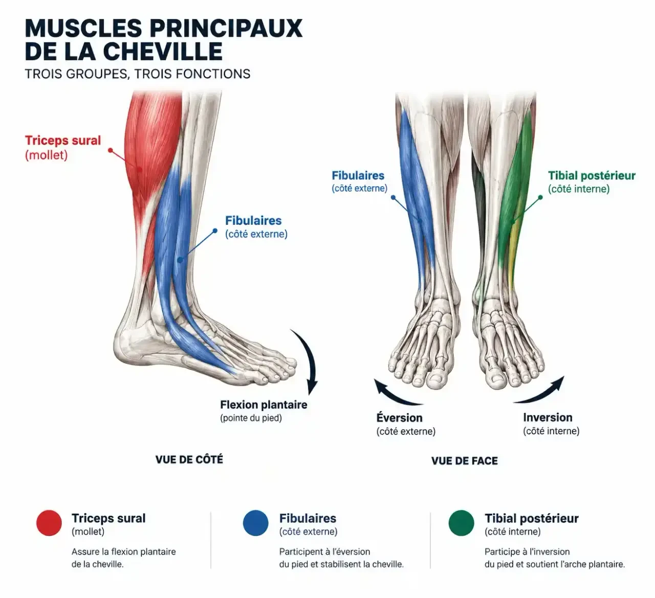 Schéma des muscles à travailler pour muscler les chevilles : mollet, fibulaires et tibial postérieur