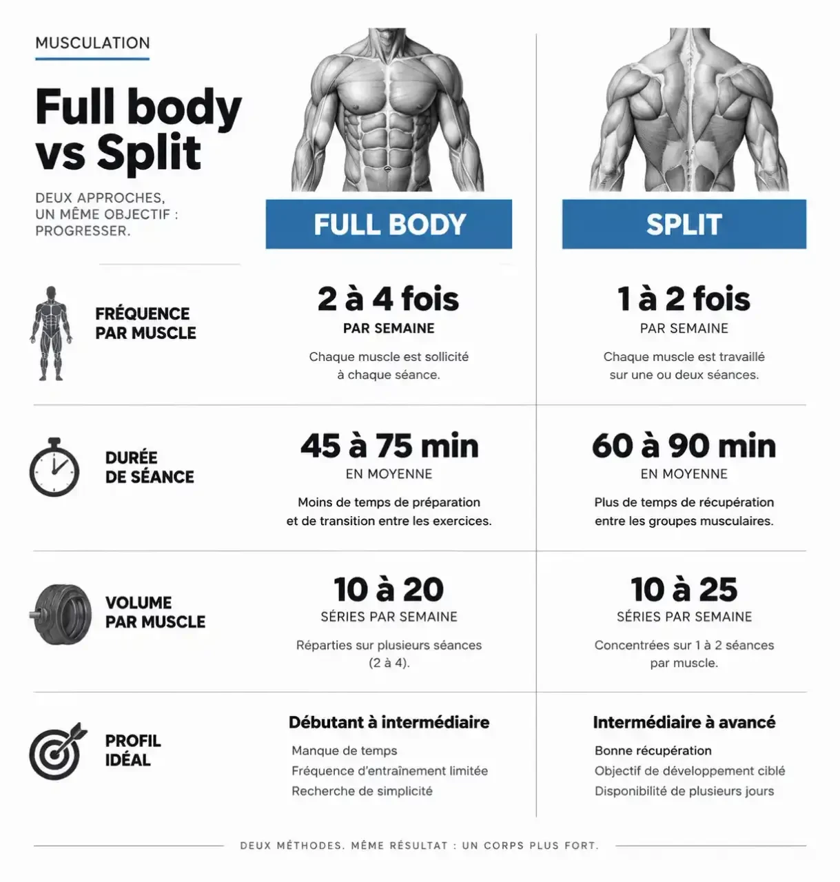 Comparatif visuel entre programme fullbody et split : fréquence, durée de séance, volume et profil idéal
