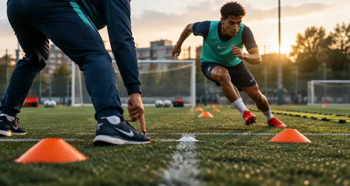 Exercices physiques football : joueur rapide entre coupelles orange