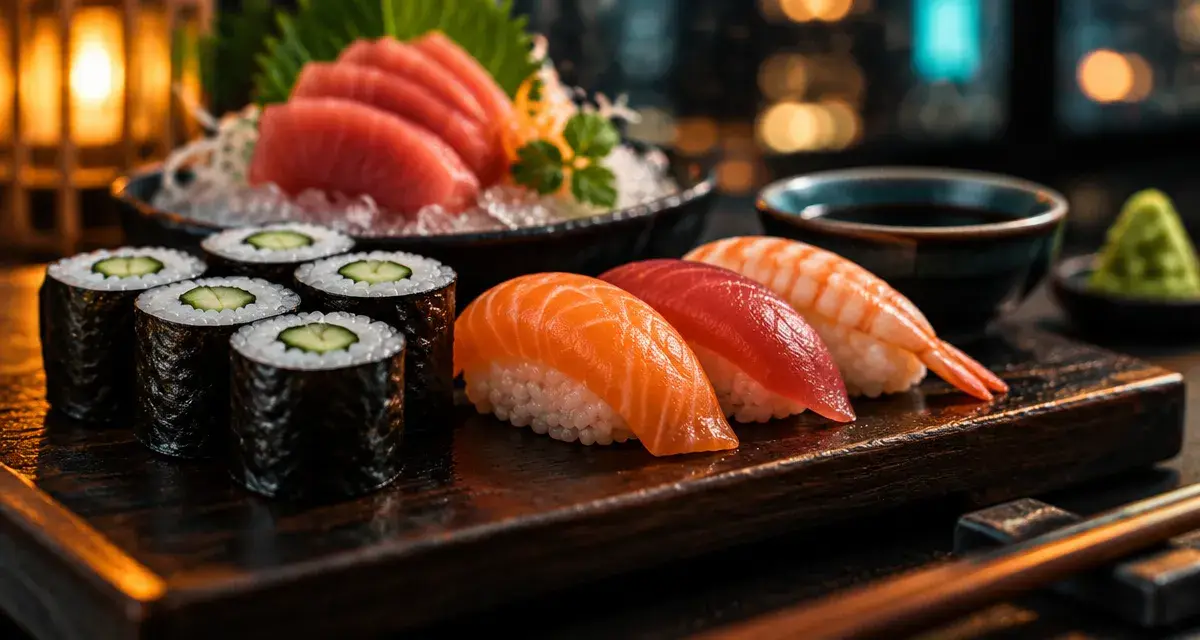 Sushi bon pour la sante : makis et nigiris sur plateau bois